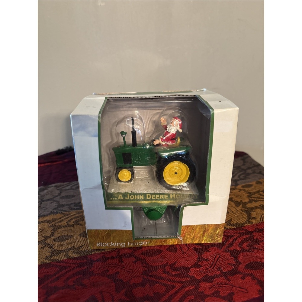 Vintage John Deere Holiday Stocking Holder Metal Santa on Tractor 2008
